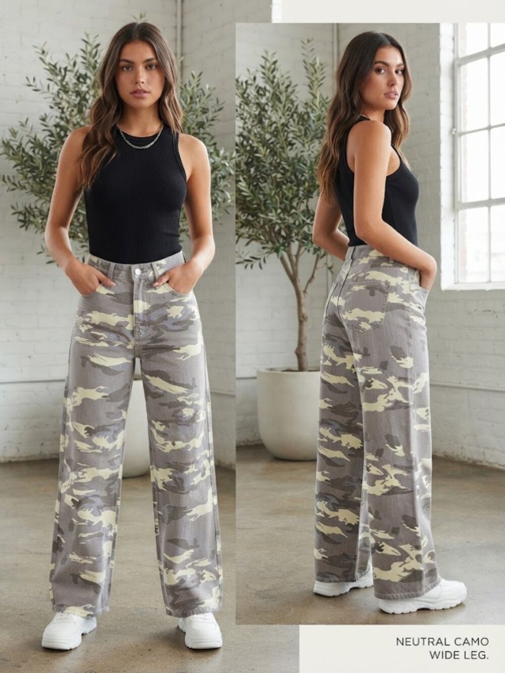 Unbranded Grey Cream Camouflage Denim Wide Leg Pants Y2K Streetwear Size Medium